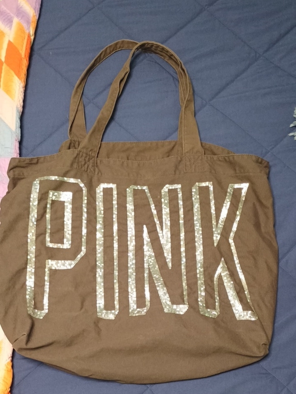 PINK Victoria's Secret Brown Tote with Silver Sequin Logo